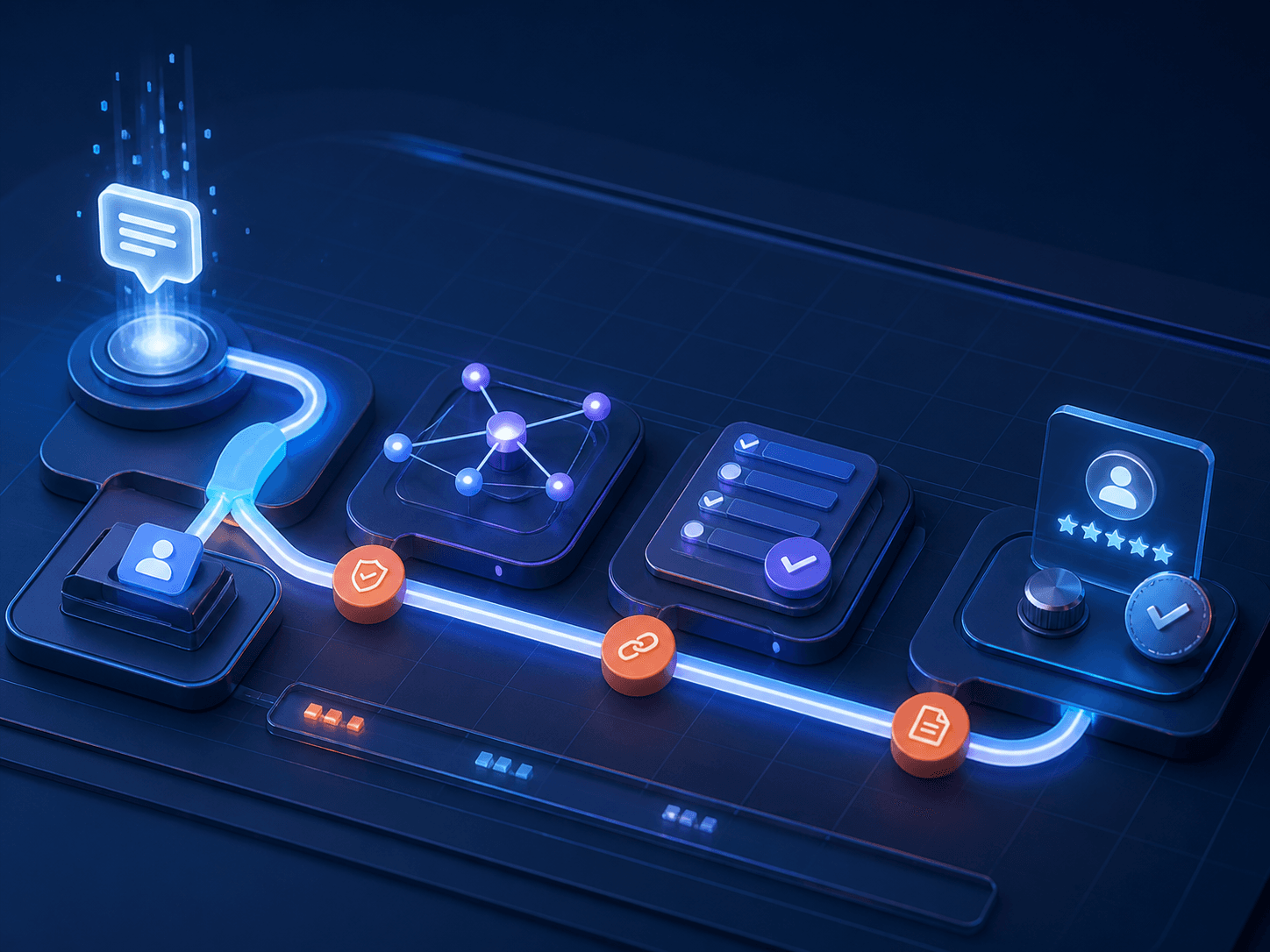 A four-stage route turning an incoming message into owned, connected, reviewed work