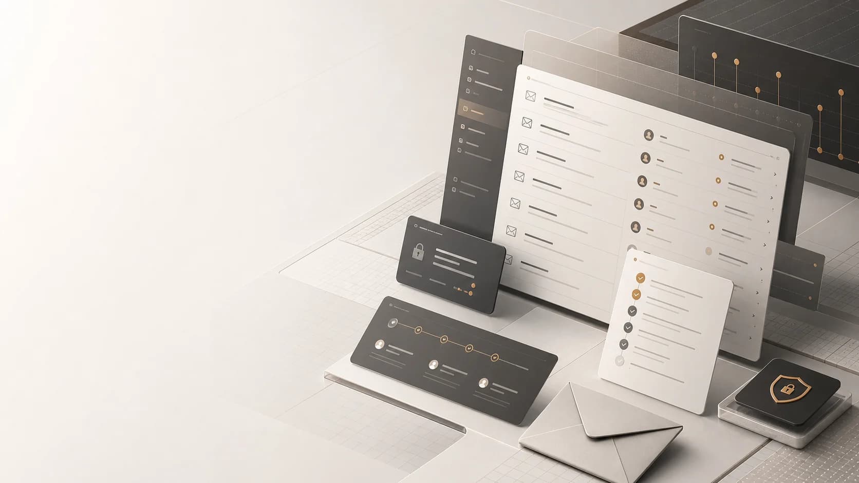 Shared email product scene with mailbox rows, ownership status, and audit panels